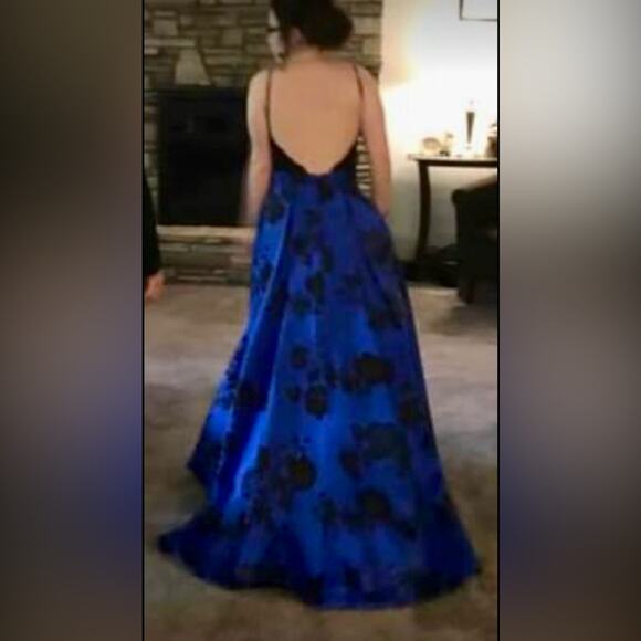 Formal Maxi Dress Women Size 4 Blue Floral Black Lace Pockets Open Back Zip Gown - Picture 5 of 7